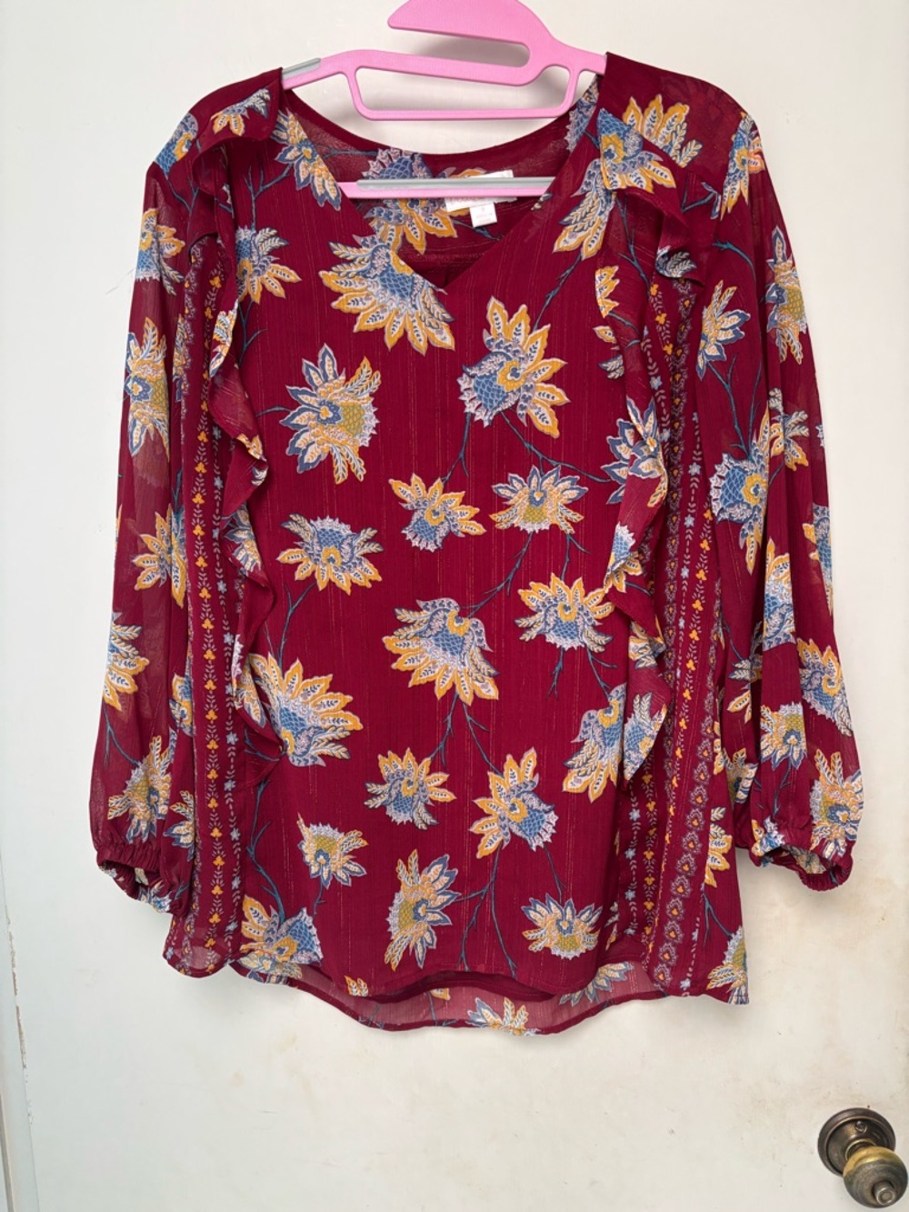 Belle by Kim Gravel Burgundy Floral V-Neck Long Sleeve Blouse